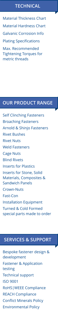 Self Clinching Fasteners Broaching Fasteners Arnold & Shinjo Fasteners Rivet Bushes Rivet Nuts Weld Fasteners Cage Nuts Blind Rivets Inserts for Plastics Inserts for Stone, Solid  Materials, Composites & Sandwich Panels Crown-Nuts Fast-Con Installation Equipment Turned & Cold Formed special parts made to order Bespoke fastener design & development Fastener & Application testing Technical support ISO 9001 RoHS|WEEE Compliance REACH Compliance Conflict Minerals Policy Environmental Policy  OUR PRODUCT RANGE  SERVICES & SUPPORT  TECHNICAL Material Thickness Chart Material Hardness Chart Galvanic Corrosion Info Plating Specifications Max. Recommended Tightening Torques for metric threads